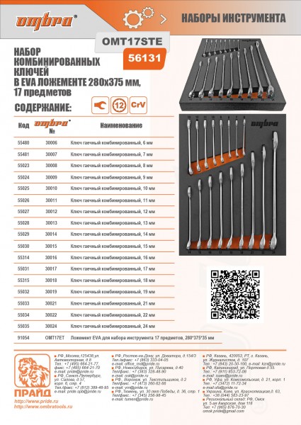 Ombra OMT17STE Набор ключей комбинированных 6-24 мм в EVA ложементе 280х375 мм, 17 предметов OMT17STE