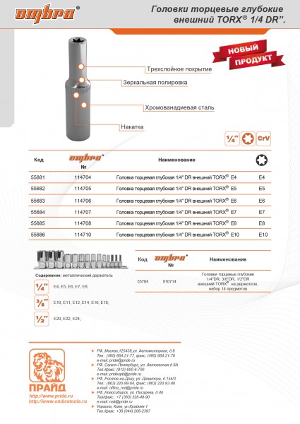 Ombra 114705 Головка торцевая глубокая 1/4"DR, внешний TORX®, E5 114705
