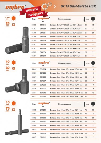 Ombra 514240 Вставка-бита 1/4"DR шестигранная, H4, 25 мм 514240